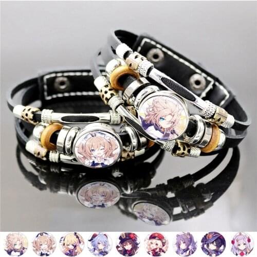 Fashion Black Leather Bracelets for Men Game Genshin Impact Glass Snap Button Multilayer Vintage Punk Bracelet Cosplay Jewelry