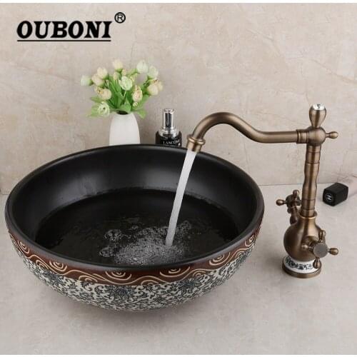 OUBONI Black Art Ceramic Vessel Sink Bathroom Faucet Bathroom Sink Set & Design Black Inside Antique Brass Basin Mixer Tap