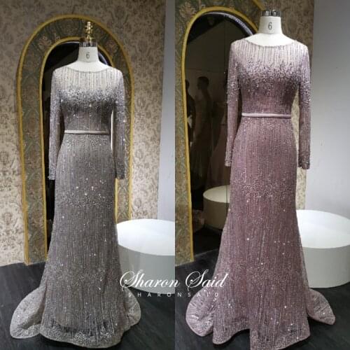 Luxury Crystal Pink Mermaid Dubai Evening Dress Muslim Long Sleeve Silver Gray Plus Size Formal Dresses for Women Wedding Party
