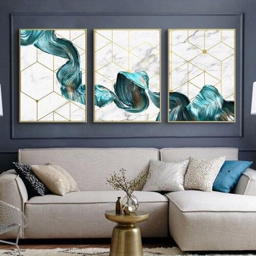 Nordic Geometric Wall Art Canvas Painting Abstract Blue Fabric Poster Print Modern Minimalist Picture for Living Room Home Decor