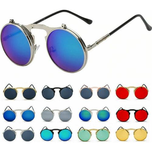 Lunettes de Soleil Rétro Steampunk Flip up Ronde Lentille pour Hommes et Femmes