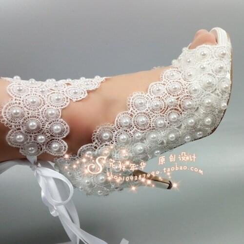 Brazil Bride High Heels Open Toe Lace Flowers Pearl Wedding Shoes Photos ultra-high Heel Satin Wristband Womens Pumps Fashion