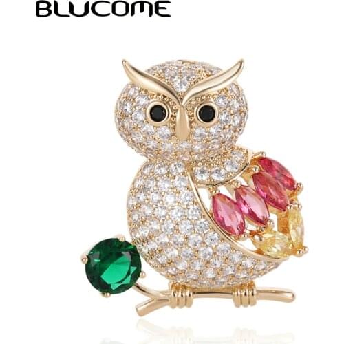 Blucome Luxury Colorful Cubic Zircon Owl Bird Brooches Corsage Gold Color Copper Women Weddings Banquet Brooch Lapel Pins Gifts