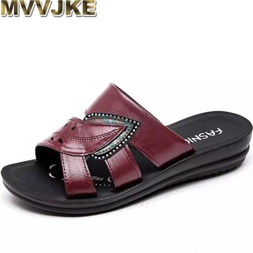 MVVJKE Summer Leather Soft Bottom Women Slippers Ladies Low Heels Casual Beach Shoes Women Open Toe Slip on Wedges Comfy Sandals