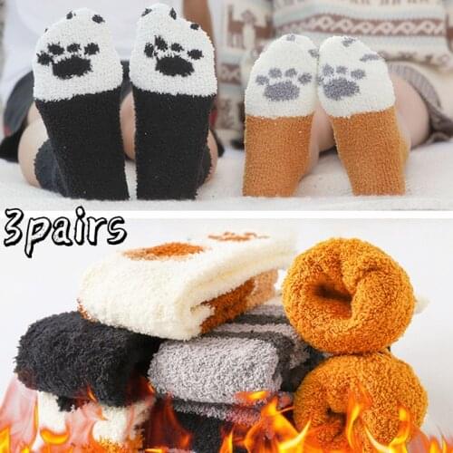3 Pairs Womens Socks Winter Fashion Warm Cat Paw Kawaii Cartoon Anima Happy Funny Velvet Cute Floor Fluffy Fuzzy Slippers Socks