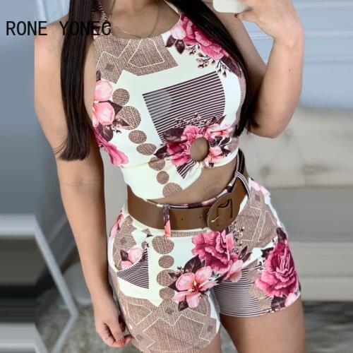 Women Two Piec Set Halter Sleeveless Floral Print Crop Top & Shorts Set Summer suit