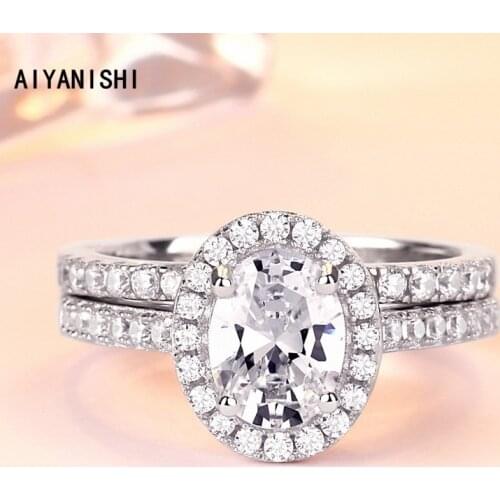 AIYANISHI 925 Sterling Silver Wedding Ring Set Oval Halo Finger Ring Sets for Women Silver Engagement Bridal Rings Set Jewelry