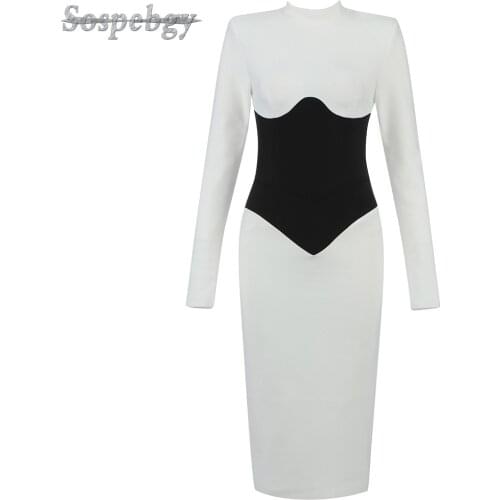 Spring Long-sleeved Womens Professional Bandage Dress 2021 New Black And White Patchwork Fashion Celebrity Runway Party Dresses