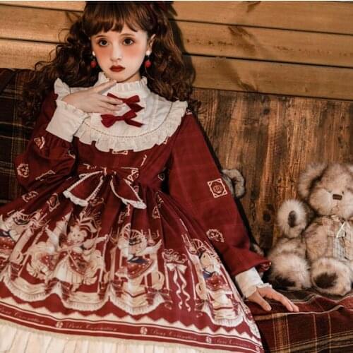 The Coronation of Bear Original Design Womens Lolita Princess Dress Bows Sweet Cute Long Sleeve One Piece Elegant Girl