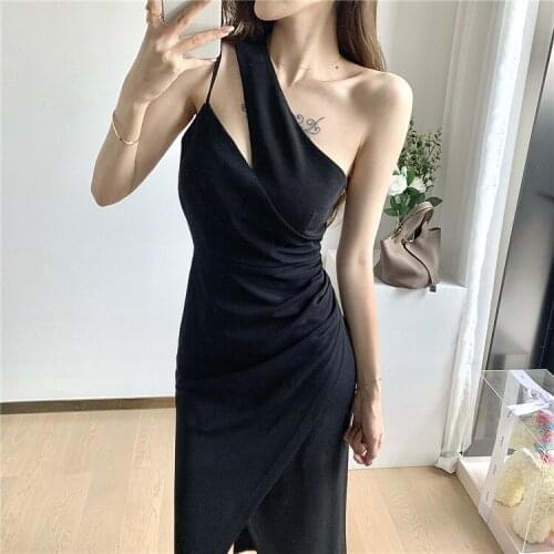 Real shot 2021 summer new womens temperament ladies slim slant shoulder irregular sexy mid-length dress