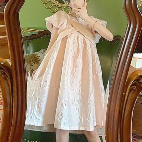 2021 Summer Sweet Kawaii Dress Women Vintage Fairy Bubble Sleeve Pink Dress Cross A-line Loose Pretty Princess Cute Dress