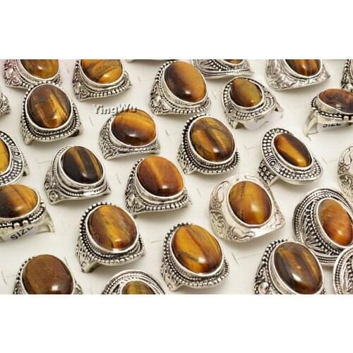 Yingwu Natural Oval Tiger Eye Rings For Women Natural Stone Flower Ring Antique Silver Plated Fashion Jewelry 5pcs Lot