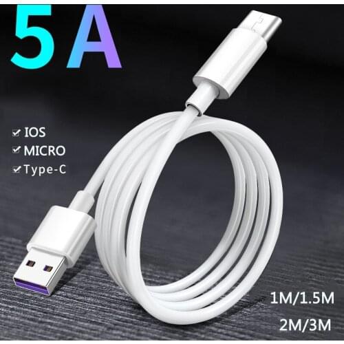 5A USB Type C Fast Charge Cable For Samsung S20 S9 S8 for Xiaomi Huawei P30 Pro Mobile Phone Charging Wire White Cable