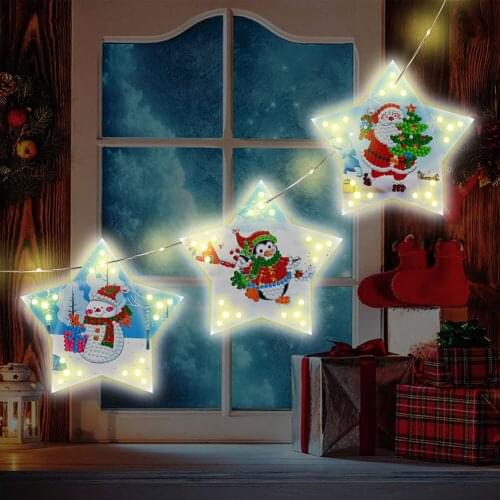 5D DIY Diamond Painting Christmas Tree Ornaments LED Lights Rhinestone Pentagram Light Lamp Craft Kit for Christmas Gifts