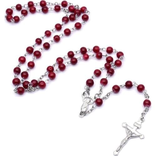 6mm Rosary Glass Beads Jesus Cross Pendant Necklace Charm Chain Jewelry Christ Rosary Necklace Glass, Zinc Alloy