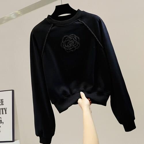 Beaded Three-Dimensional Flower Sweatshirt for Women Round Neck Pullover Fleece Warm Short Hoodie Lady Top White Black