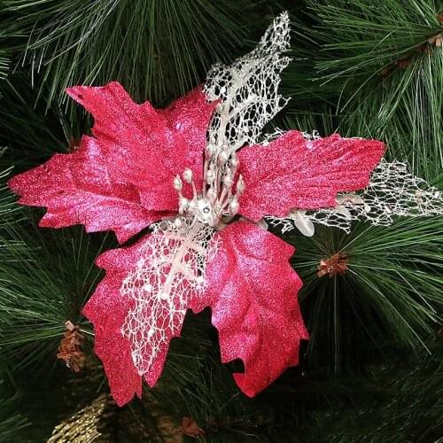 Glitter Artificial Flowers Christmas Fake Flower for Tree Decoration DIY Christmas Ornaments Home Wedding Xmas Party Decoration