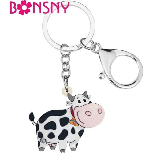 Bonsny Acrylic Dairy Cattle Cow Key Chain Farm Animal Key Ring For Women Girl Teen Bag Car Purse Charm Decoration Gift Accessory