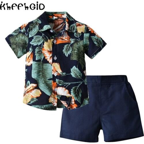 Childrens summer short sleeve Floral Shirt Boys' shorts fashion two piece beach outing short sleeve printed shirt short middle