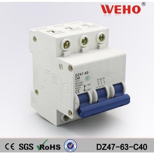 DZ47-63-C40 40 Amp 3P 6kA Mcb Electrical Mini Circuit Breaker