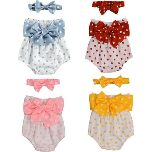 FOCUSNORM 4 Colors Newborn Baby Girls Bowknot Bodysuits Outfits Strapless Polka Dot Print Boat Neck Jumpsuits + Headband