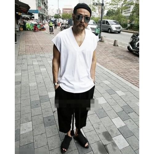 Korean mens summer wear V-neck hip-hop loose trend pure cotton casual sleeveless T-shirt personalized versatile fashion