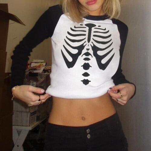 E-girl Skulls Print Vintage T-shirt Women Autumn Basic Long Sleeve Patchwork Sweats Tees Pullovers Y2K Grunge Gothic Cropped Top