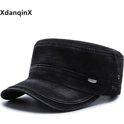 XdanqinX Mens Flat Cap Simple Casual Army Military Hat Snapback Cap Adjustable Size Male Bone Cotton Sports Cap Retro Black Cap