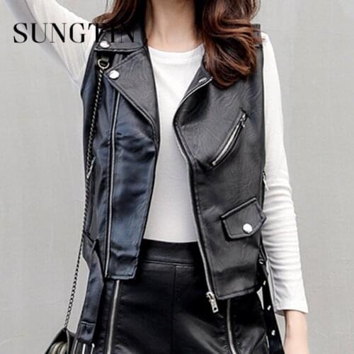 Sungtin Cropped Faux Leather Jacket Vest Women Casual PU Motorcycle Jackets Female Streetwear Sleeveless Coat Korean Chic Zipper