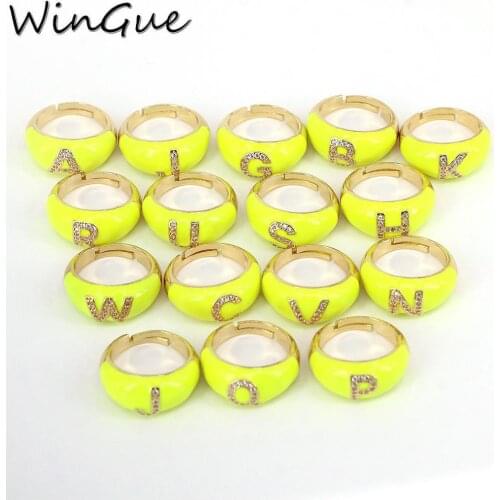 Lemon Enamel 26 Alphabet Letter Band Ring For Women CZ Name Full Finger Jewelry Fashion