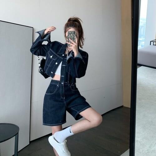 Fashion Hot Girl Two Piece Suits Women 2021 Autumn New Cropped Denim Jacket Female Thin Tops and Pants Sets Woman