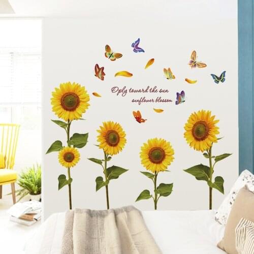 Butterfly Sunflower Wall Sticker For Nursery Kids Bedroom Decoration Wallpaper Self Stick Removable DIY Home Decor Decal Murals