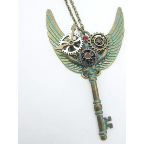 Original Design Green Copper Key with Wings Vintage Gears Mechanical Steampunk Pendant Necklace for Women