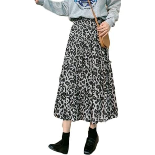 2020 Autumn Winter New Women Leopard Printed Pleated Skirt Lady High Waist Korean Fashion Casual All-Match A-line Skirt Female
