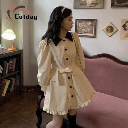 Cotday French Turn Down Collar Preppy Student Lantern Sleeve A-line New Single Breasted Sweet Ruffles Sashes Women Dress