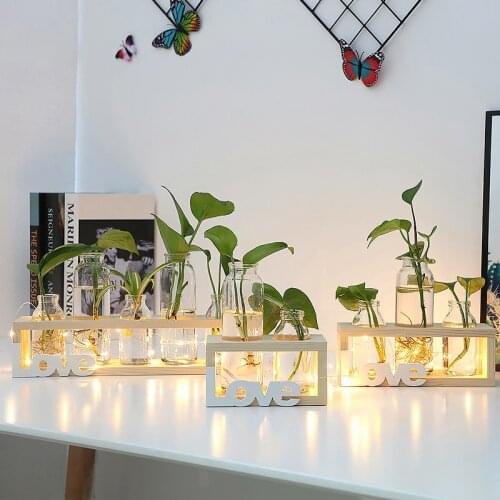 Nordic Ins Glass Vase Decoration Creative Hydroponic Plant Transparent Glassware Decoration Solid Wood Wooden Frame Vase