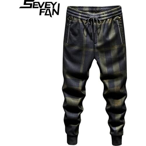 SEVEYFAN 2021 Mens Fashion Plaid Printed Harem Joggers Hip Hop Pencil Pants Sweatpants for Male