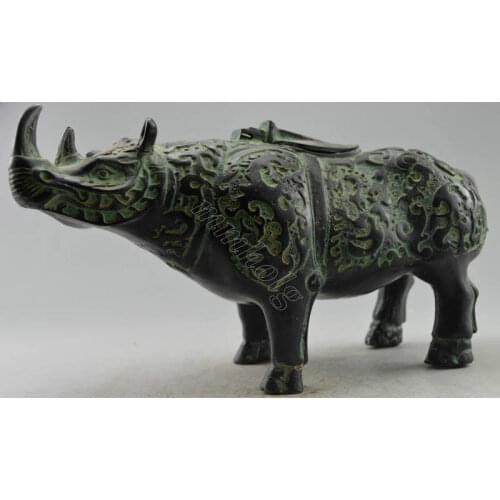 Elaborate Chinese Collectible Decorated Old Handwork Bronze Carved Big Rhinoceros Statue & Pot See
