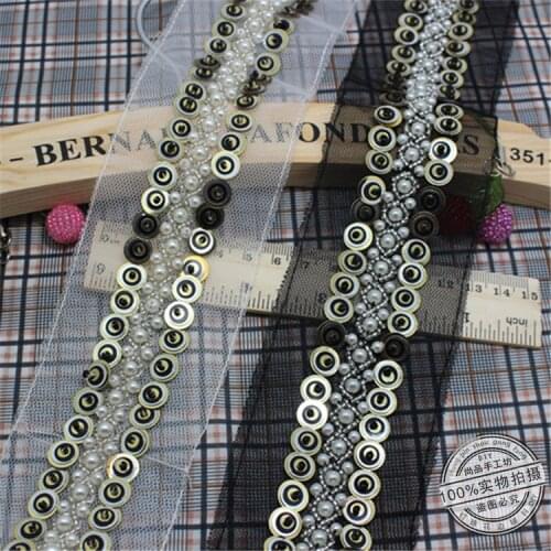 2Yards Elegant Pearl Beaded Lace Trim Vintage Sequined Black Mesh Fabric Paillette Chemical Lace Wedding Dress Dentelle Applique