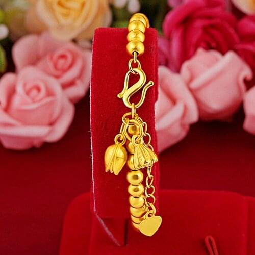 Ethnic Style Jewelry Yellow Gold Filled Lotus Transfer Beads Chain Bracelet Gift