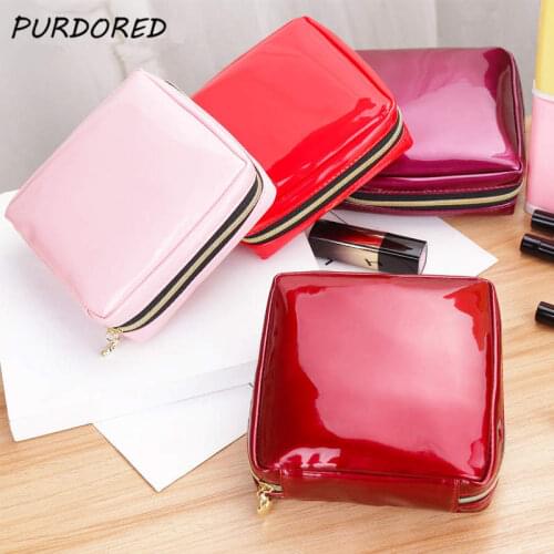 PURDORED 1 pc Women Square Cosmetic Bag Patent Leather Zipper Make Up Female Travel Cosmetic Case toilettas Dropshipping