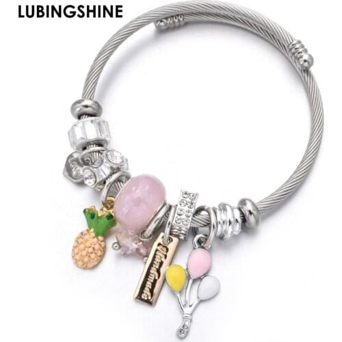 Fashion Love Charms Stainless Steel Bracelets Bangles Crystal Disco Ball Pendant Adjustable Bracelet Jewelry for Women