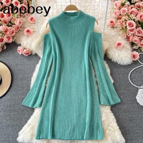 2021 New Spring Autumn Fashion stand collar flared sleeve knitted Dress hollow out off shoulder design loose mid-length Dress