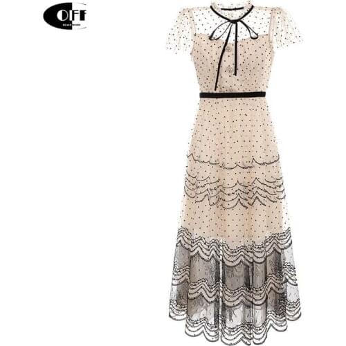 Elegant polka dot midi dresses for women french lace up mesh summer vintage party dress festival clothing runway vestidos robes