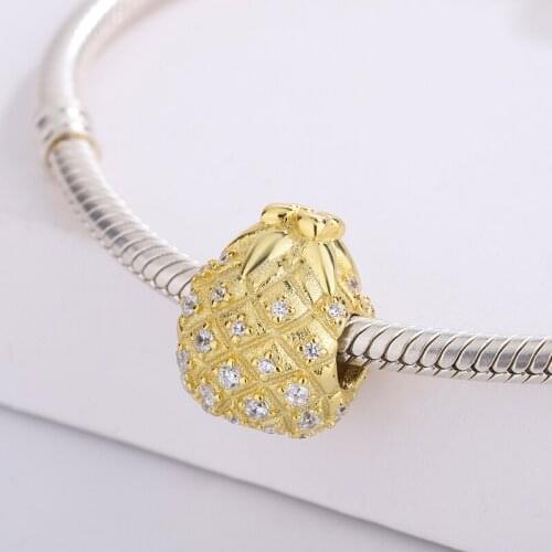 925 Sterling Silver Fashion Zircon Pendants Golden Pineapple Charms Bracelet DIY Jewelry Making For Original Pandora