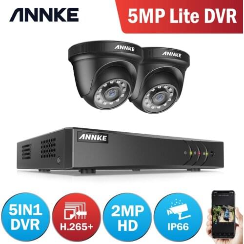 ANNKE 4CH H.265+ 5MP Lite CCTV System DVR 2.0MP IR Night Vision Security Dome Cameras 1080P Video Surveillance Kit Black Color