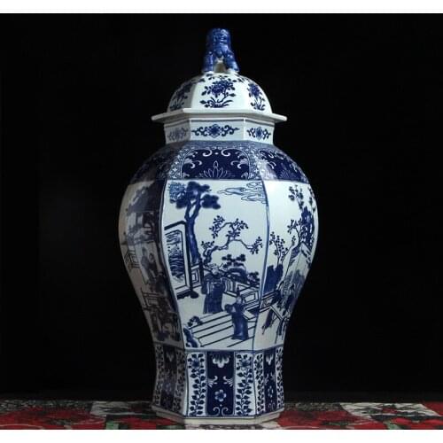 Large Antique Blue And White Human Pattern Lion Head Ginger Jar For Ornament