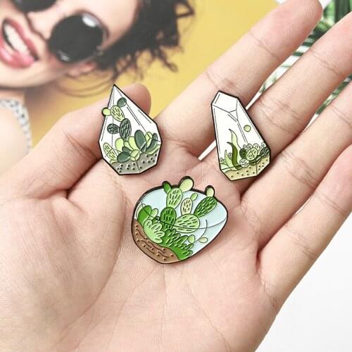 Potted Plant Enamel Pins Badges Terrarium Cactus Aloe Brooches Bag Clothes Lapel Pin Green Plant Badge Pins for Backpacks