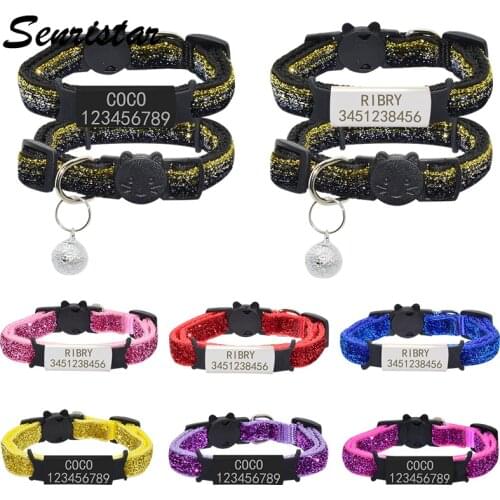 Bling Custom Engraved ID Name Tag Cat Collar Bell Necklace Safety Nylon Pet Kitten Cat Collar Personalized Nameplate Cat Collar
