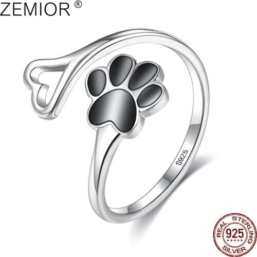 ZEMIOR 925 Sterling Silver Paw Dog Footprint Heart Rings Black 5A Clear Cubic Zirconia Adjustable Ring For Women Fine Jewelry